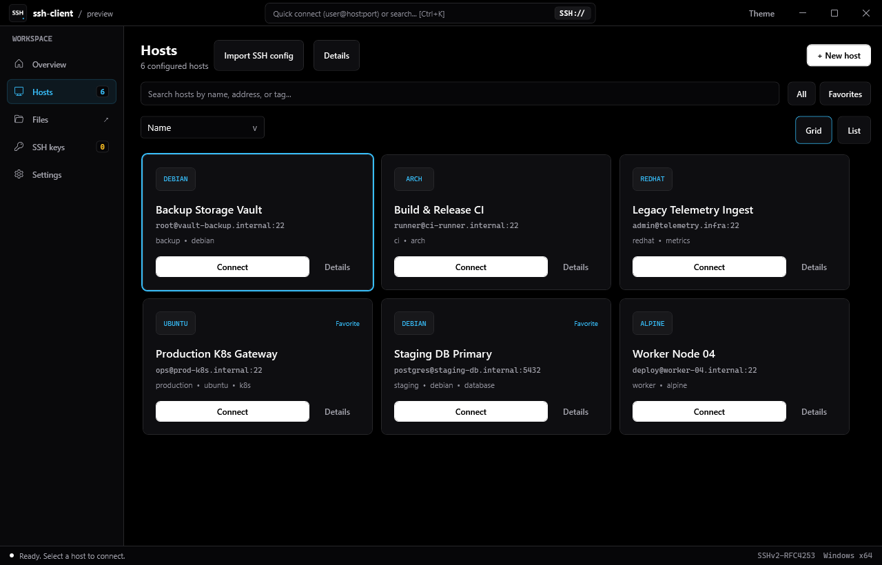 Native SSH client host cards with demo hostnames