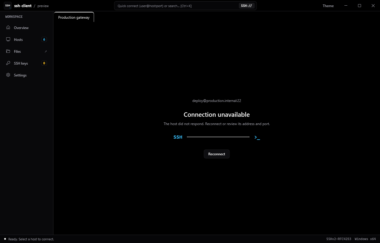 Native SSH connection failure with reconnect action
